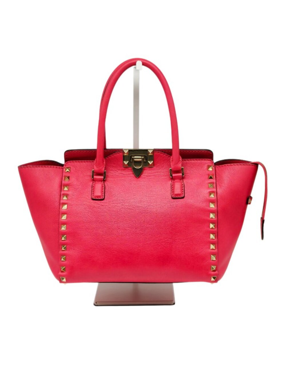 Valentino Garavani Rockstud Coral Red Leather Tote Bag with Shoulder Strap